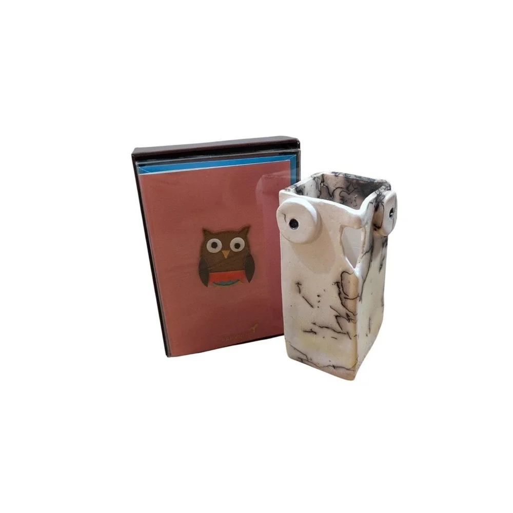 Owl Bundle Papyrus Note Cards 8 Ct + Signed Owl Studio Pottery Vase Smoke Fired